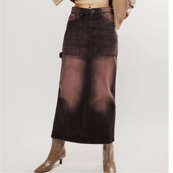 FREE PEOPLE THE RAGGED PRIEST COCOA BROWN MAXI DENIM SKIRT OVERSIZED 4 - Picture 2 of 11